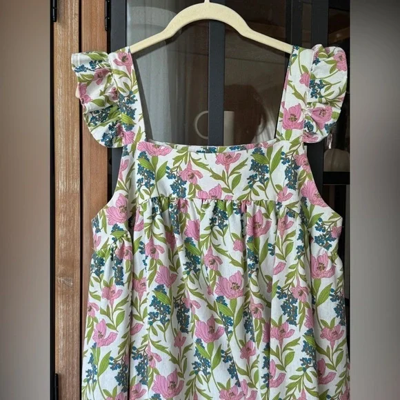 Linen floral block print babydoll mini dress ruffle pyjama square neck flutter - Picture 8 of 14